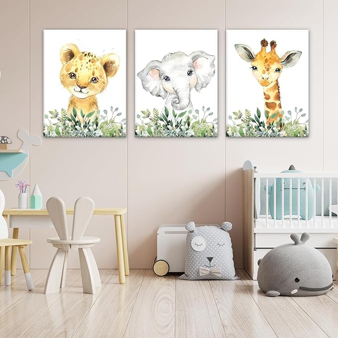 Baby Safari Nursery Wall Decor - Set of 3 Pictures Cute Animal Wall Prints on Canvas Jungle Nursery Safari Decor gifts for Baby Boys and Girls Room, Framed Wall Art (12 x16inch)