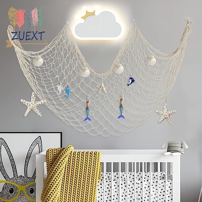 ZUEXT Beige & Aqua Decorative Fishing Net 80x40 Inch, 2PCS Large Picture Fish Net, Pirate Mermaid Net for Nautical Ocean Themed Under The Sea Party, Wall Hanging Fishnet for Photo Display