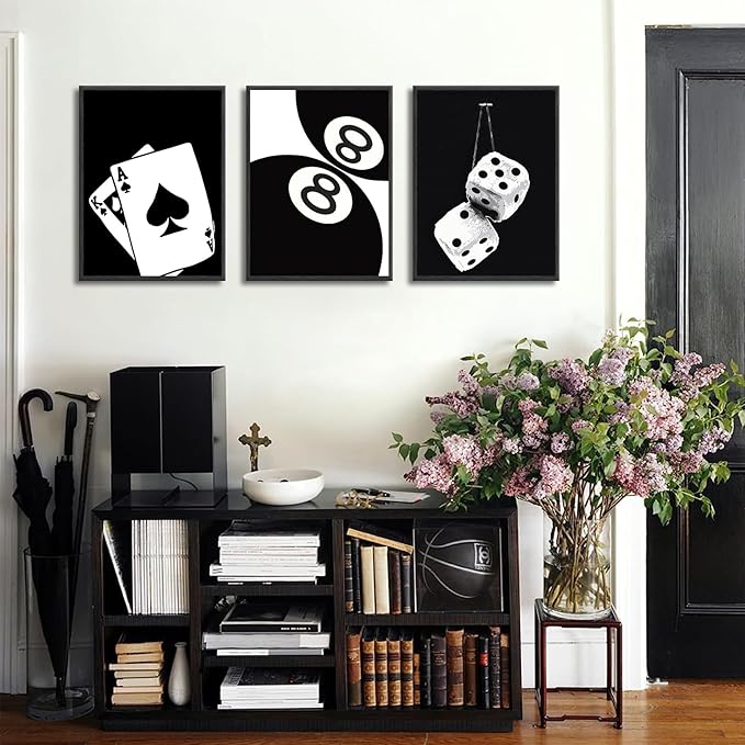 3Pcs Black and White Poker Dice Canvas Wall Art Lucky You Poster Prints Trendy Funky Preppy Y2K 8 Ball Pictures Artwork Aesthetic Painting for Game Room Apartment Dorm Decor 16x24in Unframed