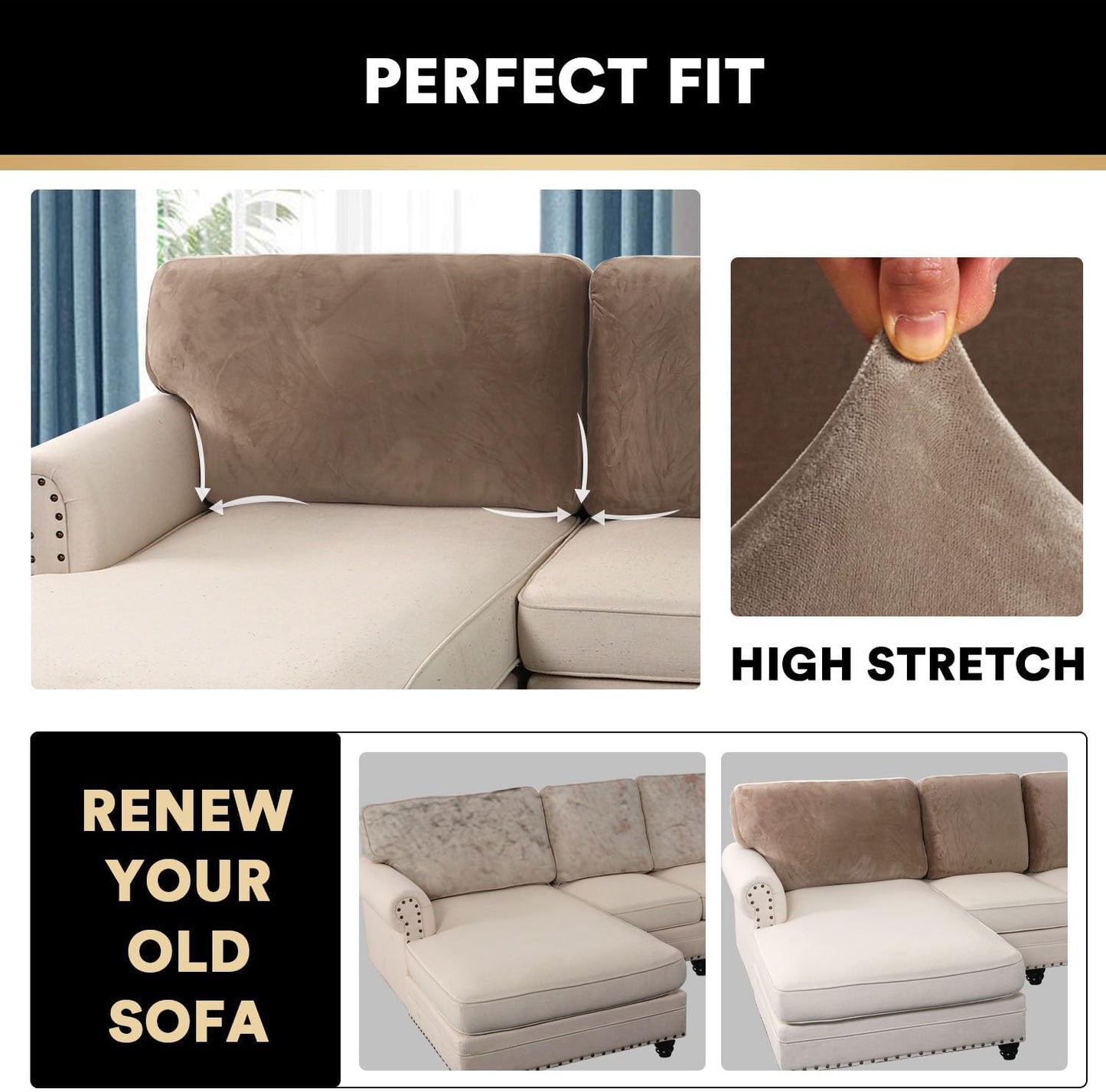 PrinceDeco Sectional Couch Covers Velvet Cushion Covers for Sectional Couch Washable Cushion Covers for Sectional Sofa Pet Friendly Sectional Sofa Slipcovers(1 Chaise Back+ 3 Sofa Back,Taupe)