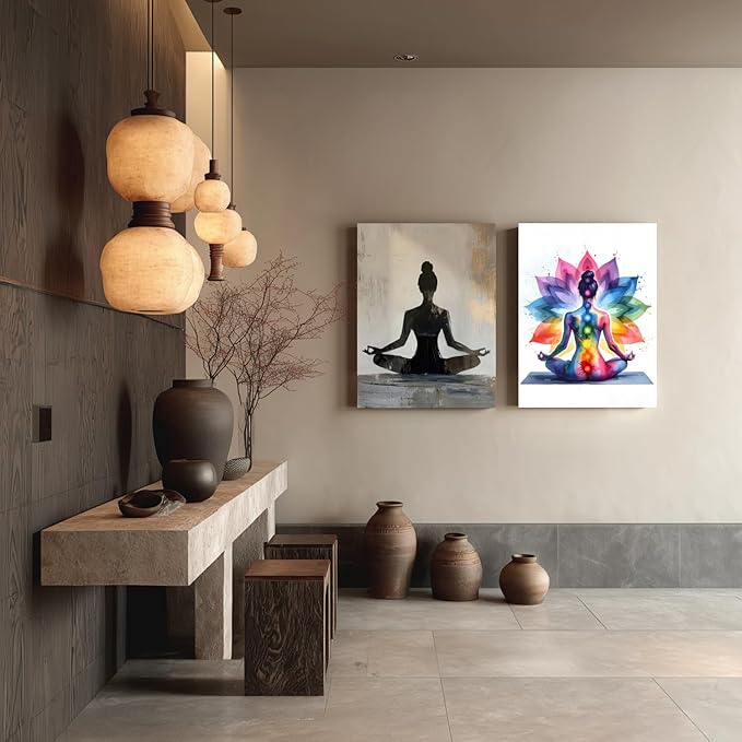 GELDSTEI Framed Zen Wall Art, Chakra Yoga Wall Decor, Colorful Meditation Poster Print, Spiritual Canvas Painting, Vibrant Meditating Woman Aesthetic Picture for Living Room Yoga Studio 12x16 Inch