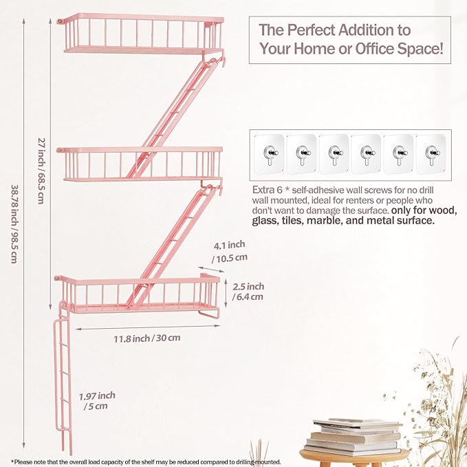 Fire Escape Shelf - Pink Wall Decor Floating Shelves, Cute Metal Ladder Shelving for Bedroom, Home Decor Display (3-Tier)