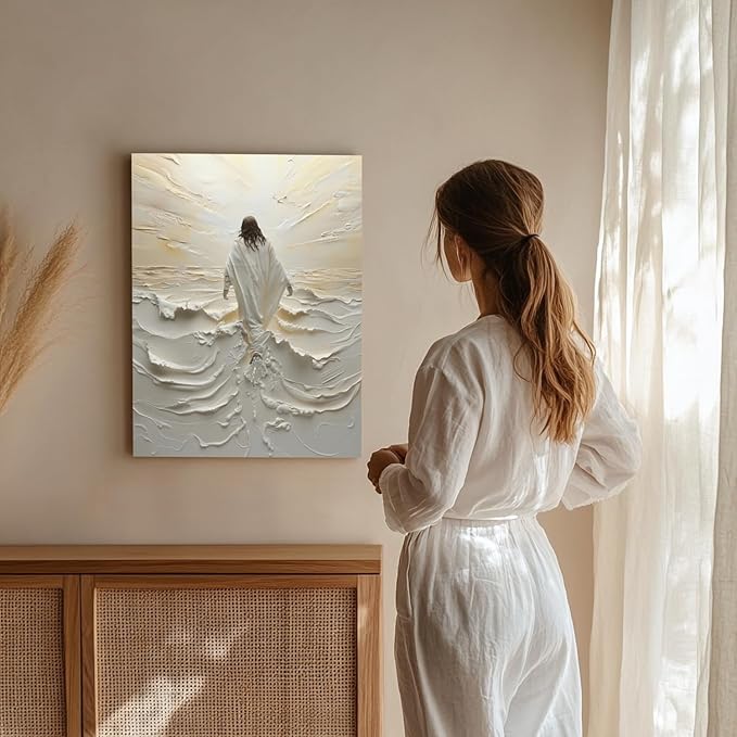 HLXRAE Framed Jesus Wall Art, White Christian Wall Decor, Jesus Walking On Water Poster Prints, Minimalist Christian Biblical Wrapped Canvas Artwork for Church Prayer Room Hospitals 16"x24"