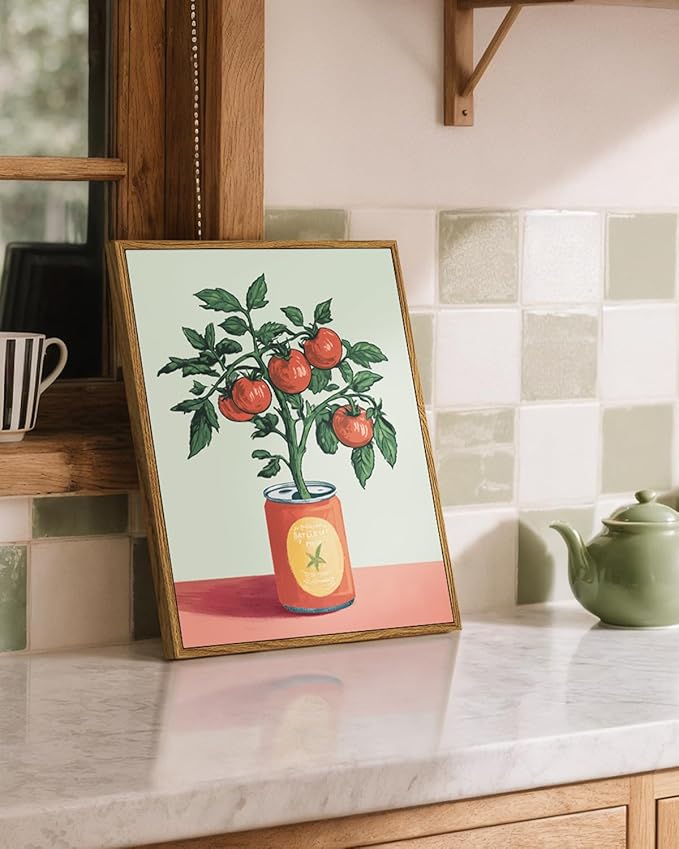 WHASAYART Retro Tomato Plant Growing from Can Framed Wall Art 12x16 Inch, Vintage Vegetable Botanical Food Canvas Print, Pantry Cafe Kitchen Dining Room Farmhouse Decor