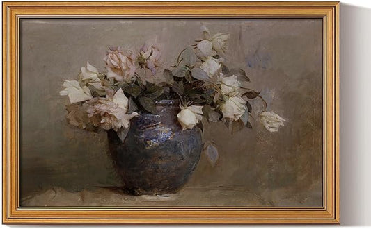 HUARCEY Gold Framed Canvas Wall Art Prints, Bathroom Vintage Decor Aesthetic, Classical Roses Floral Paintings Farmhouse Wall Decor, Large Retro Decoration for Bedroom Living Room, 16x24Inch