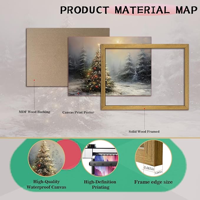Vintage Christmas Wall Art, Vintage Pine Tree Canvas Wall Decor Painting, Rustic Winter Tree Print, Botanical Winter Art, for Table Farmhouse Mantel Home Office 16x24 Inch Wood Framed
