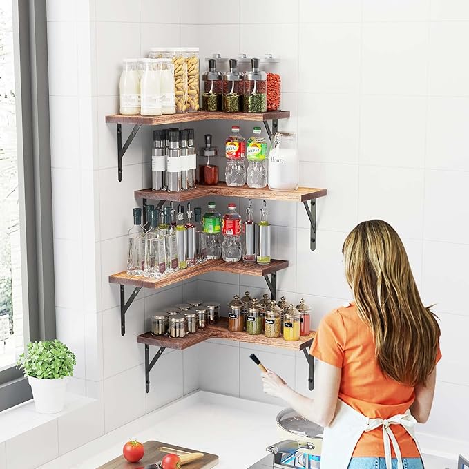 Corner Floating Shelves Wall Mounted Set of 4, Rustic Wood Storage Display Wall Shelves for Home Decor, Bathroom, Kitchen, Bedroom, Living Room, Office (Carbonized Brown)