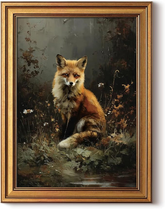 InSimSea Gold Framed Canvas Prints Wall Art, Vintage Fox Decor, Dark Academia Cottagecore Animals Paintings Farmhouse Wall Decor, Antique Pictures for Bedroom Living Room Shelf, 12x16inch