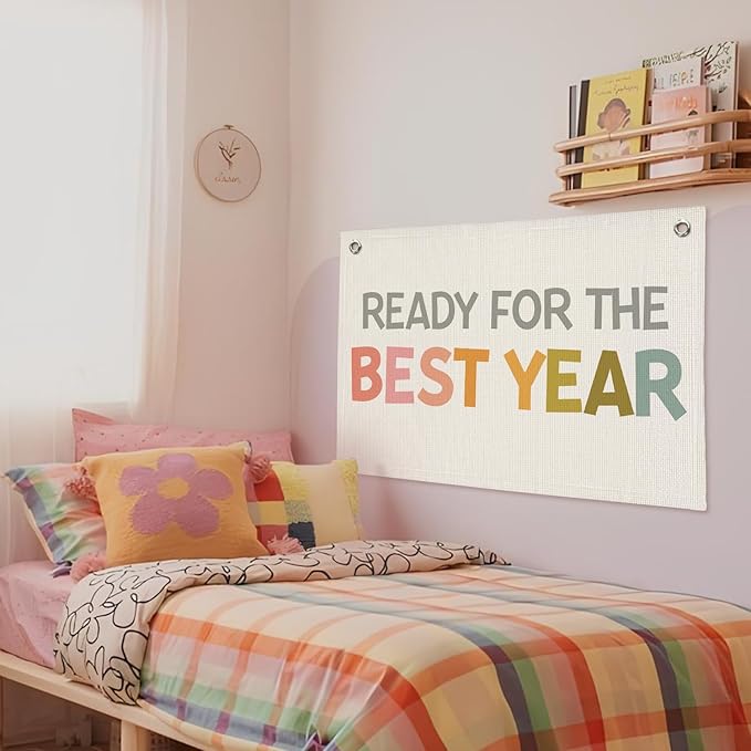Boho Classroom Decor for Teacher, Cute Neutral Classroom Must Haves Wall Decor, Welcome Sign Back To School Linen Canvas Banner - Ready for The Best Year