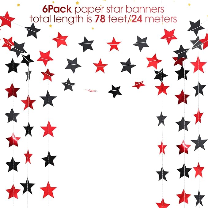 Patelai Glitter Star Garland Banner 2026 Graduation Decor 130 Feet Star Hanging Banner Twinkle Backdrop for Party Birthday Classroom Wedding Supplies(Red,Black)
