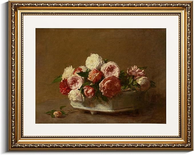 VIYYIEA Gold Framed Vintage Floral Roses Still Life Canvas Wall Art, Elegant Classical Wall Decor for Living Room or Bedroom | Lightweight Zero-Glare No Glass Design | 13x16 Inch