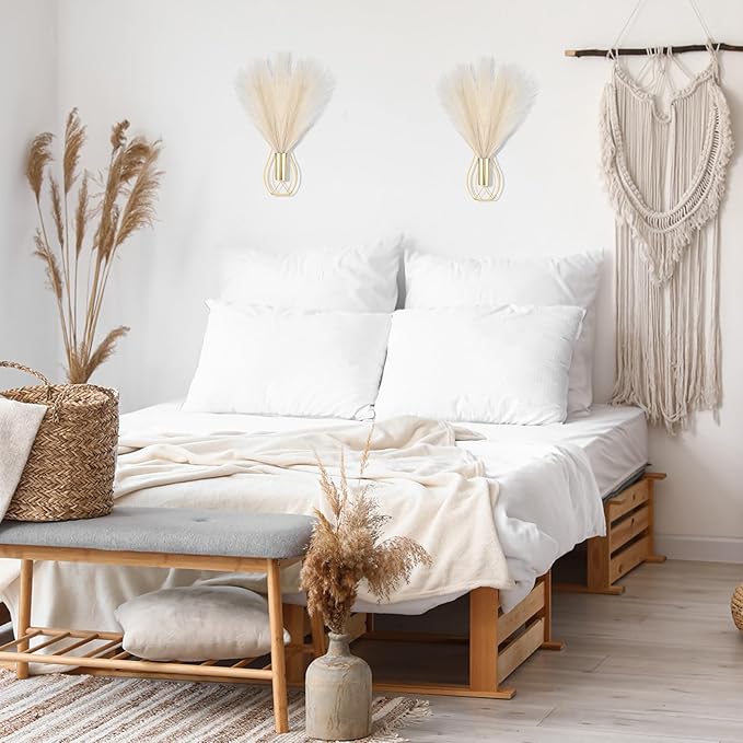 Otoolling 2 Pieces Hanging Plant Wall Decor with Artificial Pampas Grass Metal Hanging Vase Modern Geometric Farmhouse Bohemian Wall Art for Living Room Bedroom Kitchen Bathroom Office(Gold, Beige)