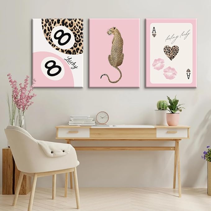 Cheetah Trendy Wall Art Preppy Leopard Canvas Print Cheetah Room Wall Decor 8 Ball Poster Y2k Pink Coquette Luxury Print Lucky Aesthetic Fashion Pictures for Bedroom 24x36x3 Inch Wrapped Canvas