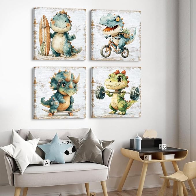 Dinosaur Wall Art Kids Room Wall Decor Cute Cartoon Dino Theme Pictures for Baby Boys Bedroom Nursery Playroom Decorations Watercolor T-Rex Sports Paintings Poster Artwork Home Decor 20x20” 4 Piece
