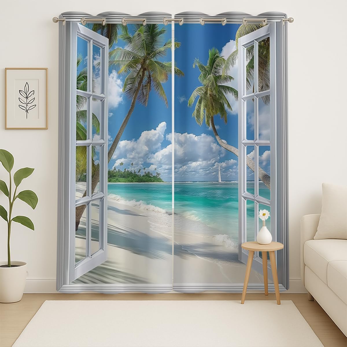 Beach Blackout Curtains for Girls Boys Teens Home Decor, Tropical Summer Scene Ocean Island Palm Tree Grommet Thermal Insulated Drapes Darkening Window Curtain for Bedroom Living Room, 42 x 45 Inch