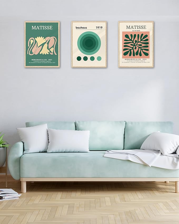 KensTro 12x16 Set of 3 Natural Oak Wood Picture Frame with 3 Green Prints,12x16 Minimalist Natural Solid Wooden Picture Frames for 12"x16" Posters,Wall Art,Photos,Prints,Paintings