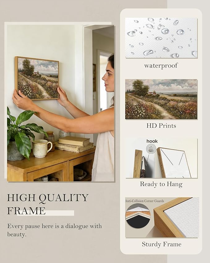 SHENIFY Vintage Landscape Framed Wall Art Rustic Countryside Wildflower Field Farmhouse Decor Retro Meadow with Flowers Painting for Kitchen Living Room Bedroom Bathroom - 11x14in Natural Framed