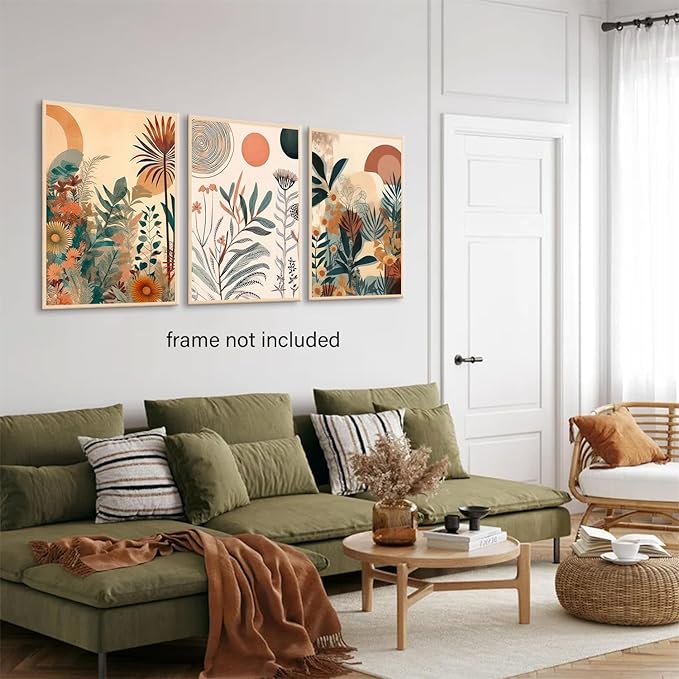LYPHNX Boho Burnt Orange Botanical Floral Canvas Wall Art Abstract Terracotta Jungle Poster Pictures Set of 3 Flower Prints Painting Home Decor for Bathroom Bedroom Living Room 12"x16" Unframed