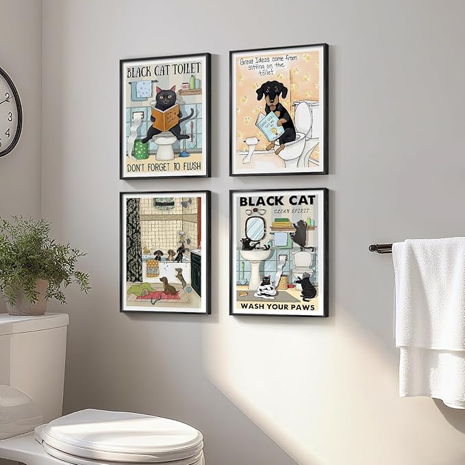 Framed Funny Bathroom Wall Art Decor, 4 Piece Cute Black Cat Dog Canvas Painting Prints, Animal Sitting in Bathtub on Toilet Reading Book Pictures for Kids Bathroom Restroom Wall Decor, 11x14 Inch