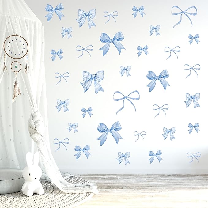 Whaline 12 Sheets Trendy Blue Bow Wall Stickers Watercolor Light Blue Bow Wall Decals Room Mural Stickers for Kids Bedroom Coquette Birthday Party Valentine's Day Home Nursery Decor, 7.9 x 11.8 Inch