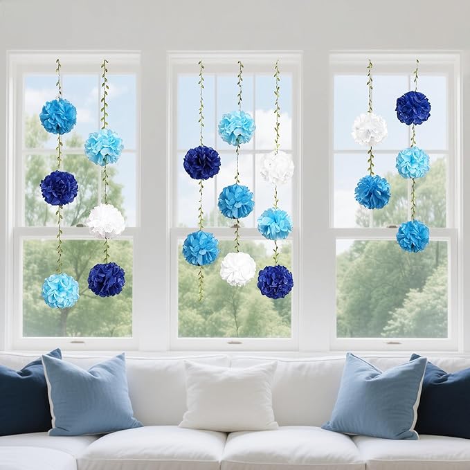 Blue White Party Decorations Ombre Blue Tissue Paper Flowers Pom Pom with Leaf Ribbon Hanging Garland Streamer for Birthday Baby Shower Wedding Under The Sea Nautical Ahoy Achor Party Supplies