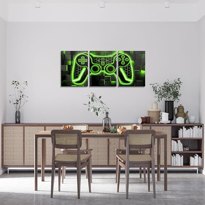 Feelyou Gamer Canvas Wall Art Gaming Bathroom Wall Art for Home Decor 12"x16" 3 Piece for Lighting Honeycomb Game Controller Office Wall Artwork Posters Green and Black Geometric Wall Painting