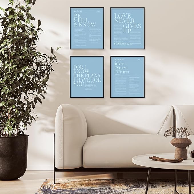 Locomiss Light Blue Christian Wall Art Decor, Modern Bible Verse Prints, Minimalist Jesus Scripture Wall Decor, Inspirational Bible Posters for Bedroom Office Living Room, Set of 4 (8x10 Unframed)