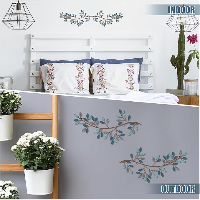 Hotop 2 Pieces Metal Tree Leaf Wall Decor Vine Olive Branch Leaf Wall Art Wrought Iron Scroll Sculptures Above the Bed, Living Room, Outdoor Decoration(Classic Style,Blue)