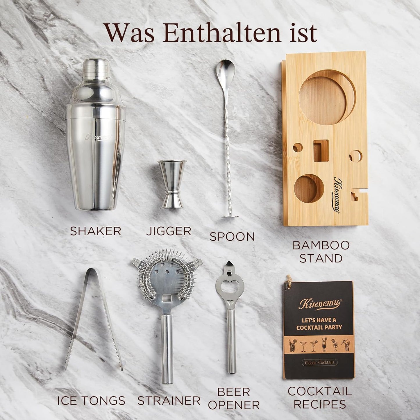 KITESSENSU Cocktail Shaker Set Bartender Kit, 6-Piece Silver Bar Set with Stand, Bar kit with Essential Bar Accessory Tools: Martini Shaker, Jigger, Strainer, Bar Spoon, Tongs, Opener