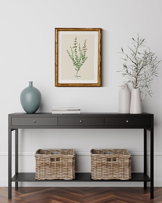 InSimSea Gold Bamboo Framed Canvas Wall Art, Vintage Watercolor Thyme Herbs Prints, Antique Picture Frame with Mat, Victorian Home Wall Decor for Kitchen Dining Living Room Bedroom, 11x14inch