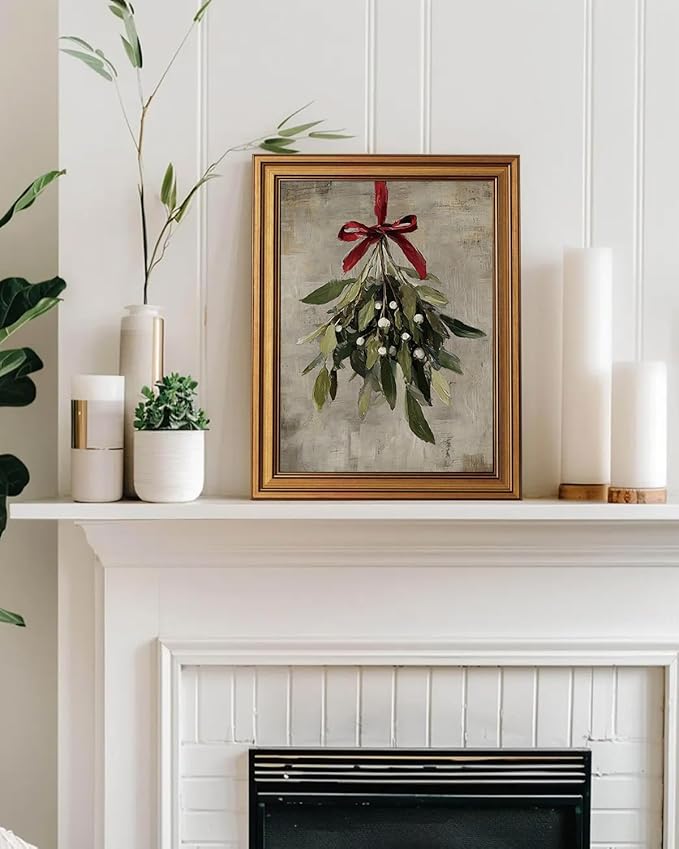 InSimSea Gold Framed Christmas Wall Art, Vintage Canvas Prints Decor, Mistletoe Paintings Wall Shelf Decor, Farmhouse Pictures for Winter Bedroom Holiday Decoration Gifts, 12x16inch