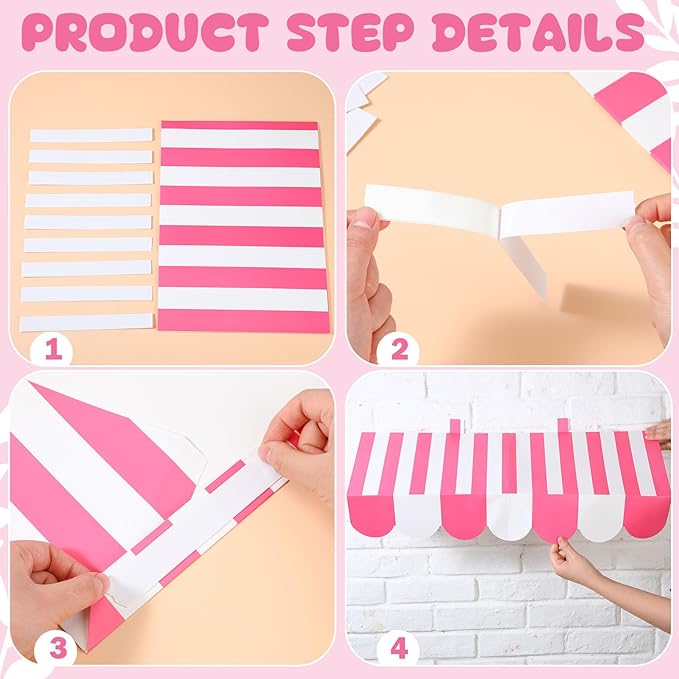 Tallew 4 Pcs 3D Circus Awning Wall Decoration Carnival Awning for Halloween Carnival Theme Party Classroom Decorations(Pink and White)