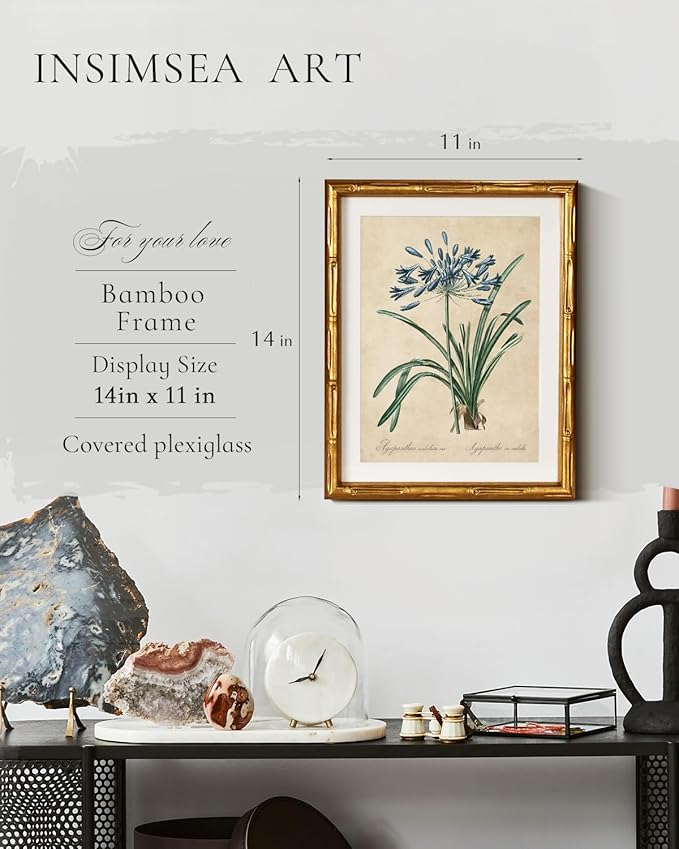 InSimSea Gold Bamboo Framed Canvas Wall Art, Retro Lily Botanical Prints, Antique Moody Picture Frame with Mat, Victorian Home Wall Decor for Kitchen Dining Living Room Bedroom, 11x14inch