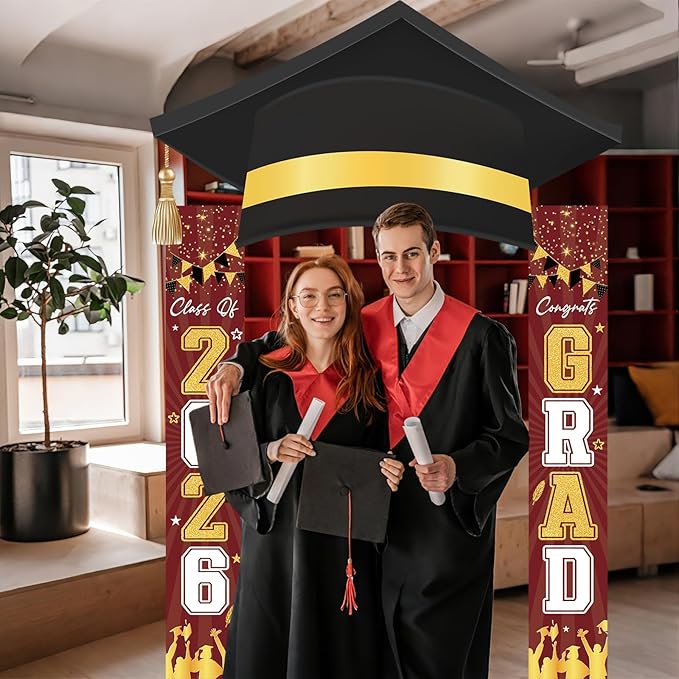 3Pcs Graduation Cap Door Banner 2026 Graduation Door Decoration Class of 2026 Porch Sign Congrat Grad Hanging Banner Decor Grad Party Indoor Outdoor Wall Decor Photo Prop Supplies Maroon Gold
