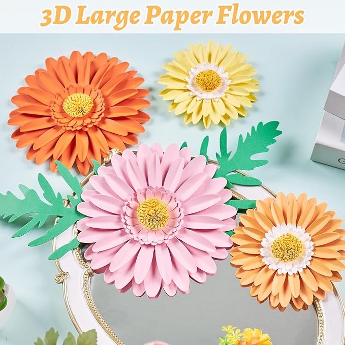 SUNBEAUTY Large Paper Flower Decoration for Wall 3D Large Paper Flower Pink Orange Daisy with Green Leaves Artificial Flower Wall Hanging for Classroom Bulletin Board Office Garden Tea Party Birthday