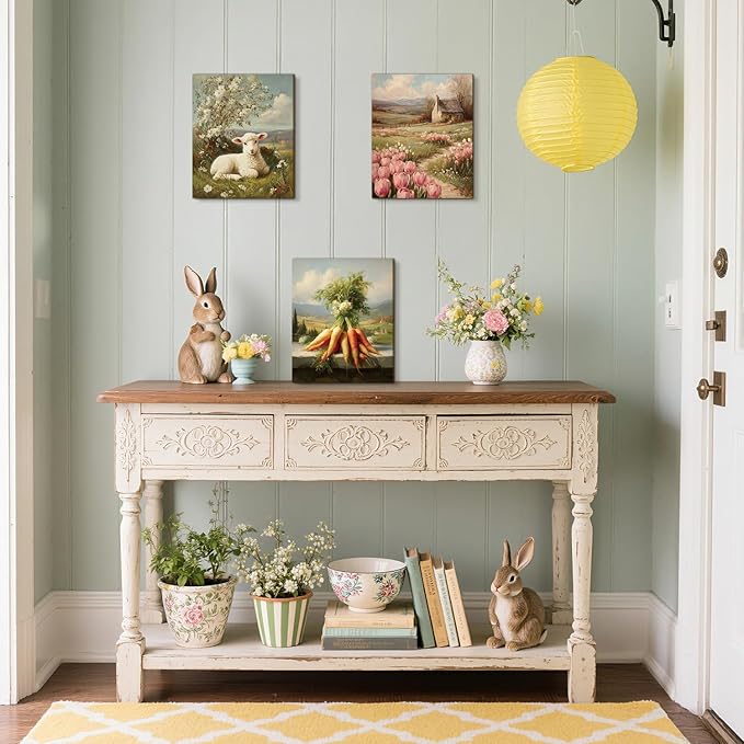 CHDITB Easter Framed Canvas Wall Art Set, Vintage Bunny Rabbit Chick Lamb Artwork, Spring Farmhouse Wall Decor, Easter Eggs Tulip Poster, Country Farm Painting For Living Room Bedroom Decor 8”X10”