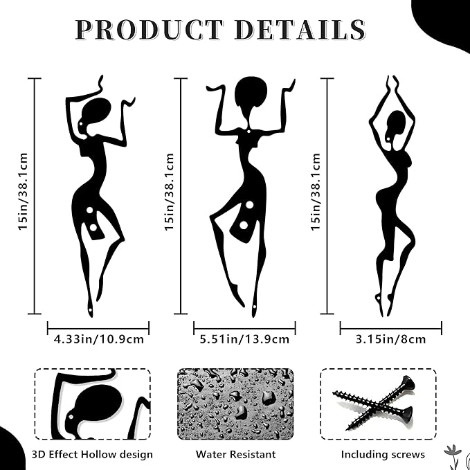DICYWUDI 3 Pieces African Black Metal Wall Arts, Rustic Farmhouse Decor, Ethnic Dance Style Drawing Wall Art for Indoor Kitchen Bathroom Bedroom Living Room Dining Room