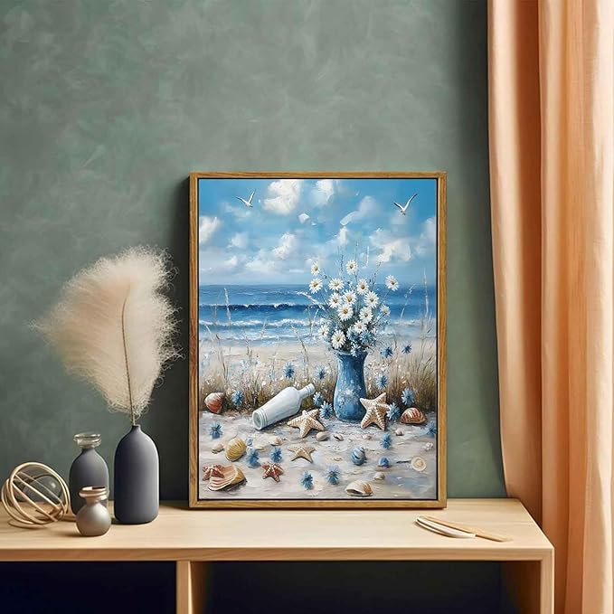 Framed Blue Ocean Beach Canvas Wall Art Coast Seashell Starfish painting Decor Pictures Blue Seaside White Daisy Posters Prints for Modern Coastal Themed Home Decoration Bathroom Room Decoration