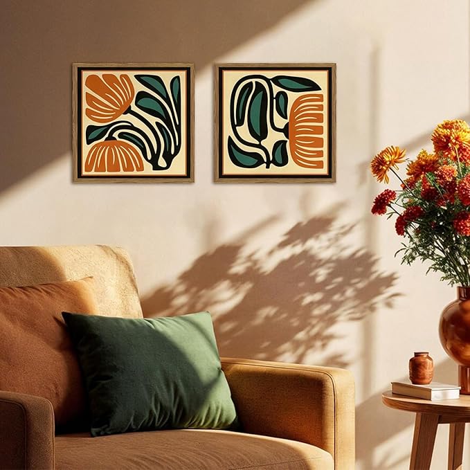 Mid Century Floral Wall Art Set of 2, Modern Square Abstract Botanical Wall Decor Picture, Vintage Boho Eclectic Plant Canvas Prints Paintings for Bedroom Living Room 16x16 inch Wood Framed