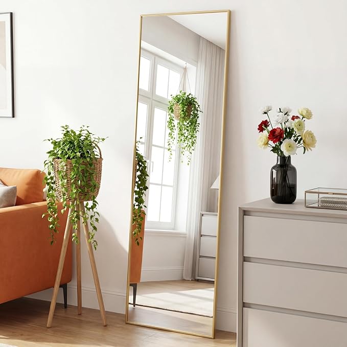 DUMOS Full Length Mirror with Stand 15"x56" Floor Standing Aluminum Frame for Bedroom Body Hanging Leaning Modern Simple Home Decor Shatter-proorf Nano Glass Wall Living Room Cloakroom, Gold