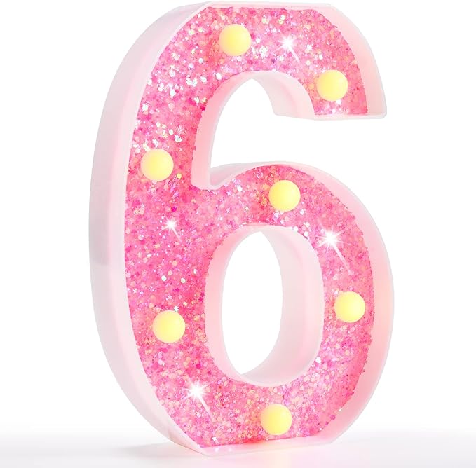 Pooqla Marquee Number Lights, Pink Light Up Numbers for Girls 6th Birthday, Battery Powered Glitter Number Night Light Gift for Christmas Bedroom Dorm Party Decoration, Pink Number 6