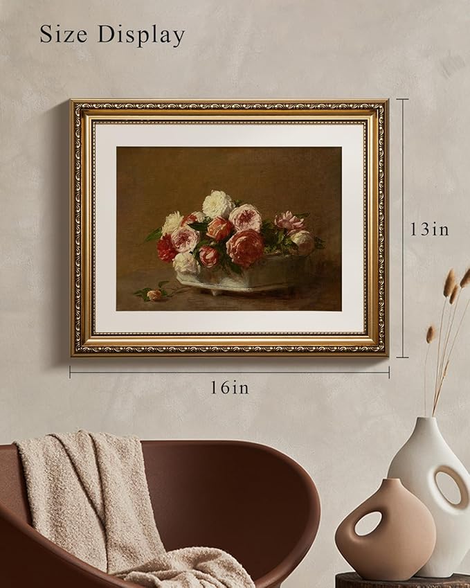VIYYIEA Gold Framed Vintage Floral Roses Still Life Canvas Wall Art, Elegant Classical Wall Decor for Living Room or Bedroom | Lightweight Zero-Glare No Glass Design | 13x16 Inch