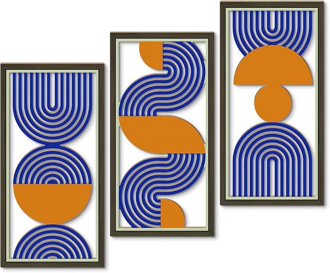 Putuo Decor Modern Minimalist Wall Decor Set of 3, Blue Orange MDF Cut-Out Geometric Line Panels, Abstract Vertical Art for Living Room Bedroom Office Wall Art