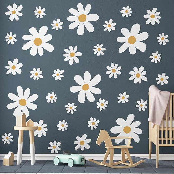 TaoBary 12 Sheet Daisy Wall Sticker Decal Removable Cute Daisy Bedroom Room Decor Flower Wall Sticker Pink White Flower Decal Wallpaper Peel and Stick for Nursery Home(White, Yellow,Cute Style)