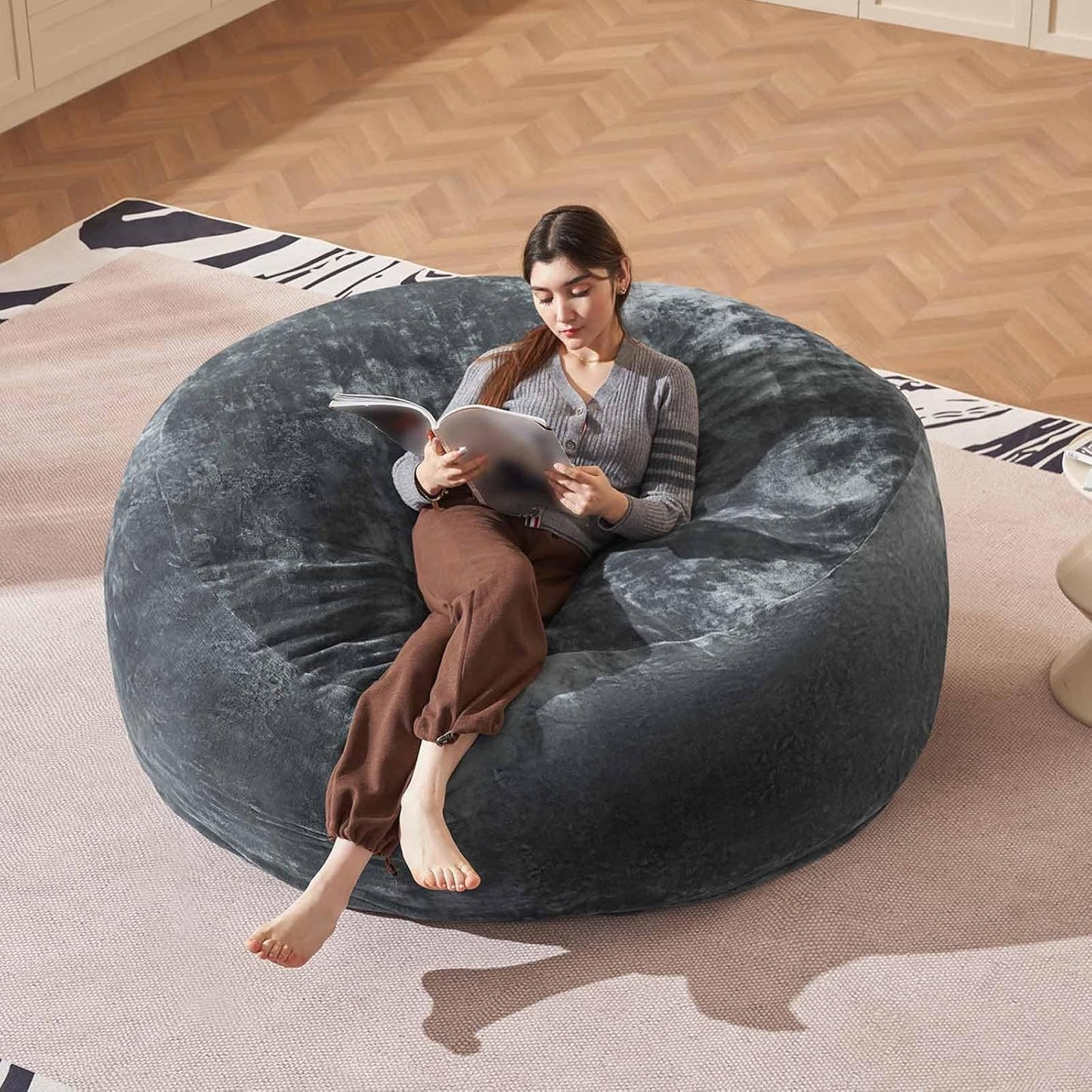 Bean Bag Chair 6Ft, Memory Foam Filled, Large Beanbag Chairs for Adults and Teens, Soft Sofa with Removable Flannel Cover, Round Couch for Living Room Bedroom College Dorm (Dark Gray, 6FT-67×67"×24")
