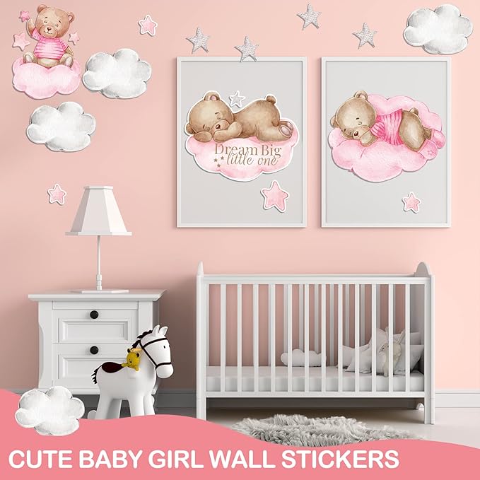 Yinder Pink Bear Wall Decals (12 Sheets, 78 Pcs) - Highland Cow, Clouds, Balloon Decor for Kids Nursery Room, Bedroom, Living Room, Classroom Decor
