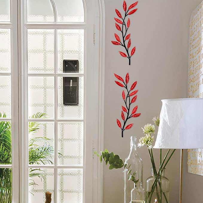 Metal Tree Leaf Wall Decor 2 PCS Rustic Vine Branch Leaf Wall Art for Living Room Bedroom Bathroom Decorations - Red