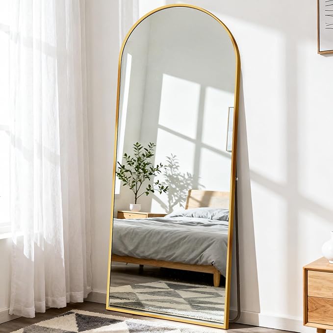 DUMOS Arched Full Length Mirror with Stand Floor Standing Aluminum Frame for Bedroom Body Hanging Leaning Modern Simple Home Decor Shatter-Proorf Nano Glass Wall Living Room Cloakroom Gold 68"x26"