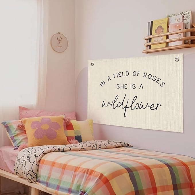 Wildflower Nursery Decor, Girls Room Decor - In a Field Full of Roses She Is a Wildflower Pink Linen Banner Flag for Little Girl Baby Girl - Black