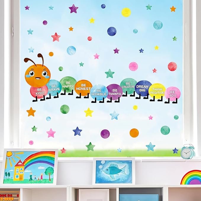 Watercolor Inspirational Wall Sticker, Multicolor Polka Dot Star Wall decal, Removable Motivational Quote Be Kind Be Happy Wall Art for Playroom Classroom Nursery Preschool Daycare Decoration